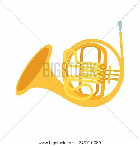 Golden French Horn On White Background. Classical Wind Musical Instrument. Cute Flat Cartoon Style. 