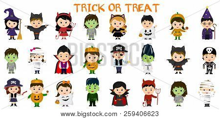 Mega Set Of Halloween Party Characters. Twenty Four Children In Different Costumes For Halloween On 