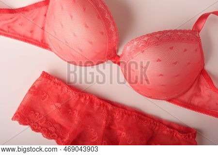 Red Sexy Bra And Panties On Pink Background. Women Sexy Underwear Set With Roses And Perfume. Gift I