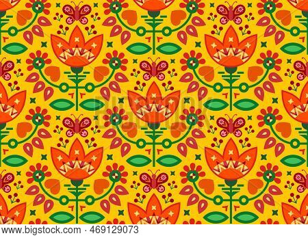 Seamless Bright Floral Surface Pattern With Butterflies, Stylized Flowers, Leaves, Plants, Berries, 