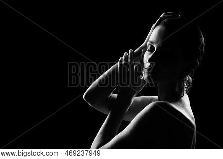 Beautiful Woman Profile Silhouette On Back Background With Copy Space, Monochrome