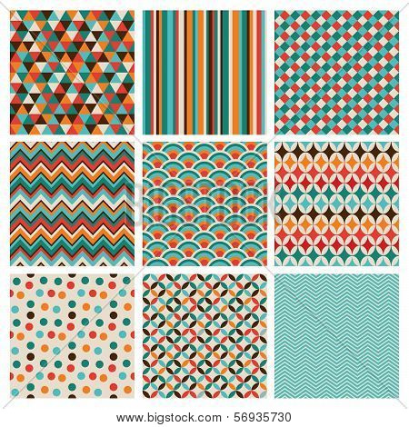 Seamless geometric hipster background set. Retro Vintage Seamless Patterns. Vector Illustration