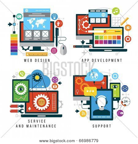  Set design and mobile web services and applications. Vector collection of concepts flat icons for web design, App development, service and maintenance, support