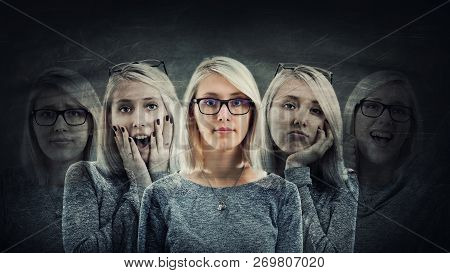 Young Woman Suffer Split Emotions Into Five Different Inner Personalities. Multipolar Mental Health 