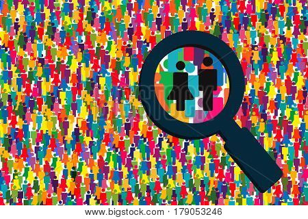 Magnifying glass looking for people.People Search icon..Large group persons searching..People search selection.Social network search..Searching job vector..Focus group..