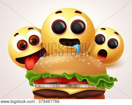 Emojis Hungry Of Burger Character Vector Design. Emoji Of Starving And Hungry Facial Expressions For