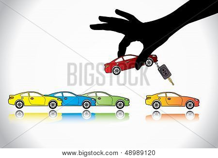 Car Sale Or Car Key Concept Illustration : A Hand Silhouette Choosing Red Colored Car With key