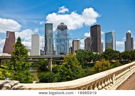 a crisp cityscape of the downtown Houston Texas skyline on a nice summer day