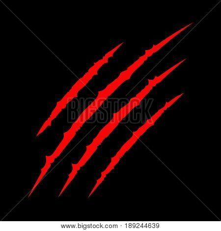 Red bloody claws animal scratch scrape track. Cat tiger scratches paw. Four nails trace. Funny design element. Flat design. Black background. Isolated. Vector illustration