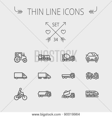 Transportation thin line icon set for web and mobile. Set includes- sports car, trucks, vans, bicycle, towing truck, mixer truck, train icons. Modern minimalistic flat design. Vector dark grey icon on