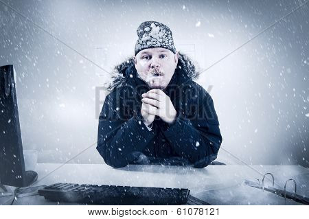 Businessman in a Cold Office with Snow and Ice