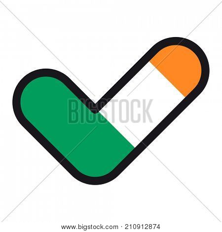 Flag of Ireland in the shape of check mark, sign approval, symbol of elections, voting.