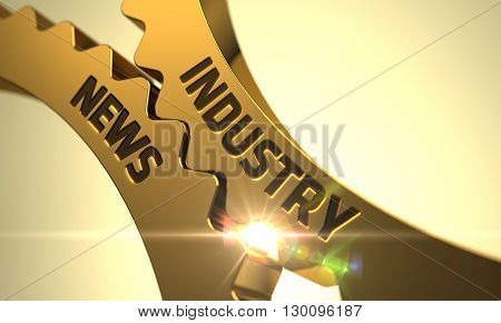 Industry News - Industrial Illustration with Glow Effect and Lens Flare. Golden Metallic Cog Gears with Industry News Concept. Industry News - Concept. Industry News - Industrial Design. 3D Render.