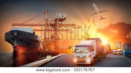 Container Truck In Ship Port For Business Logistics And Transportation Of Container Cargo Ship And C