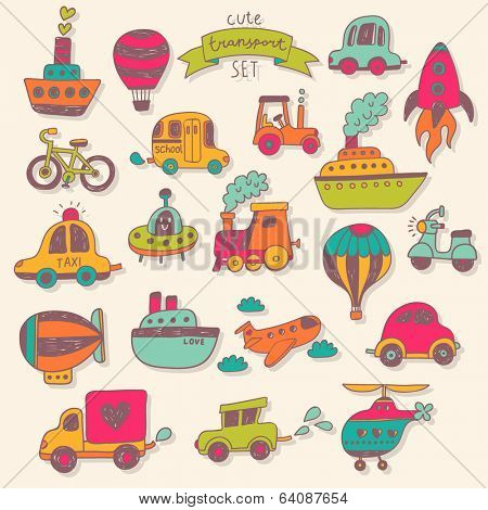 Big transportation icons collection in bright colors. Travel set with retro cars, air-balloons, ships, bike, helicopter, ufo and train. Graphic vintage set in cartoon style