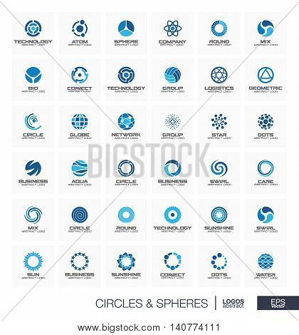 Abstract geometric logo set for business company. Corporate identity design elements. Orbit, atom, roll wheel, segment connect concept. Radius, Sphere, Circle, Globe logotype collection. Vector icons