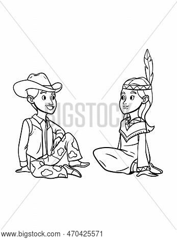 A Cute And Funny Coloring Page Of A Cowboy With An American Indian Girl. Provides Hours Of Coloring 