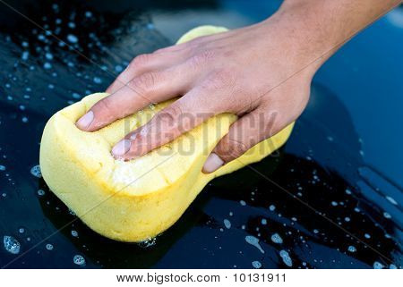 Car Hand Wash With Yellow Sponge And Soap