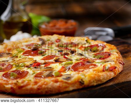 Tasty Pizza. Cheese Pizza. Pepperoni Pizza. Mushroom Pizza. Mozzarella And Tomato. Top View Of Hot P