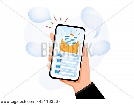 Hand Holding Mobile Smart Phone With Mail App. Mail Service Concept. Email Search, Open New Mail Env