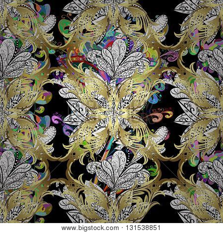 Vector seamless texture with abstract flowers on black background.