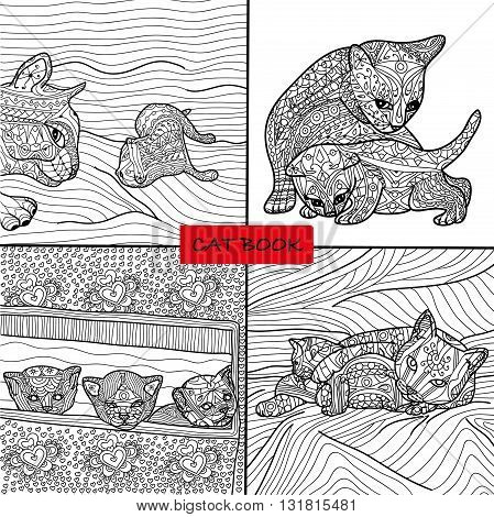 Coloring book for adults - 3 set of four drawings coloring cat pages for adults and children, doodle, vector, cat book, zenart