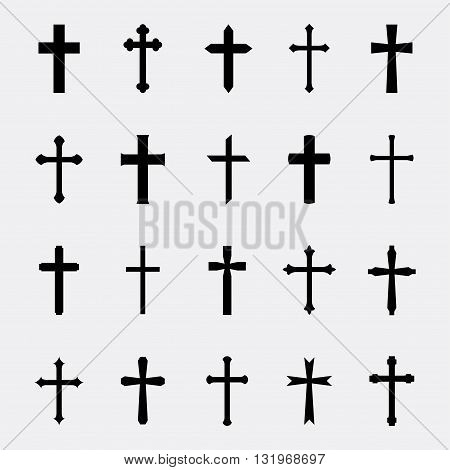 Crosses a simple vector set. Collection of black crosses isolated on white background. Icons of christian catholic crosses. Silhouettes simple religious crosses.