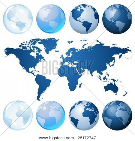 Blue globe kit and map, vector background.