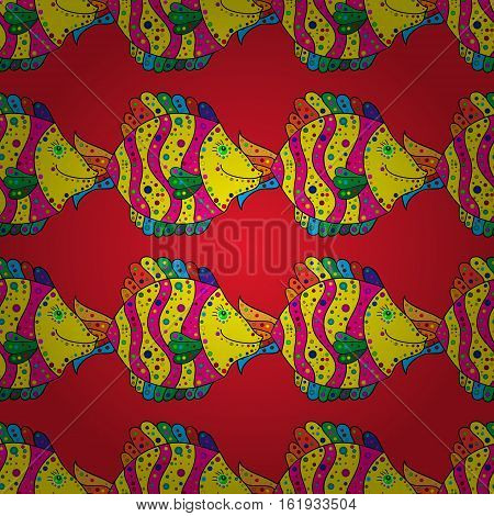 Drawn Cartoon Fish Seamless Pattern Vintage Abstract Vector Background. Multicolored Fish In A Row O