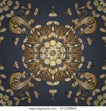 Seamless Vintage Pattern On Gray Background With Golden Elements.