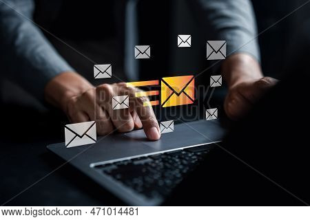 Businessman Sending Email By Laptop Computer To Customer, Business Contact And Communication, Email 