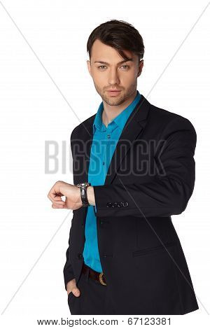 Young Businessman Black Suit Casual Poses