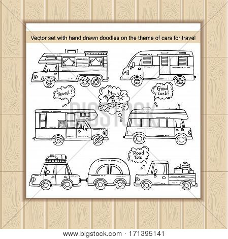 Vector set with hand drawn doodles on the theme of cars transport travel and tourism. Sketches for use in design web site packing textile fabric