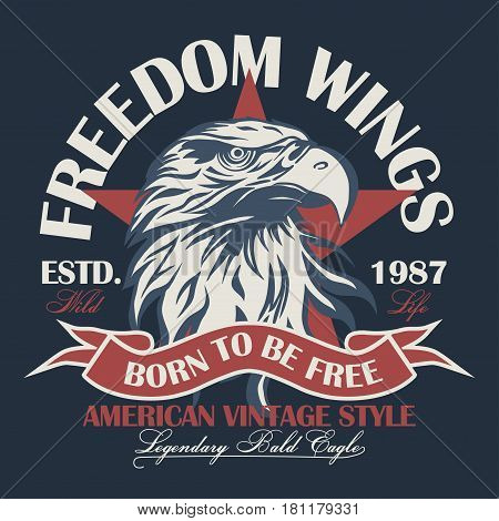 Eagle head logo for t-shirt, Hawk mascot Sport wear typography emblem graphic, athletic apparel stamp. Portrait of a bald eagle. Vector