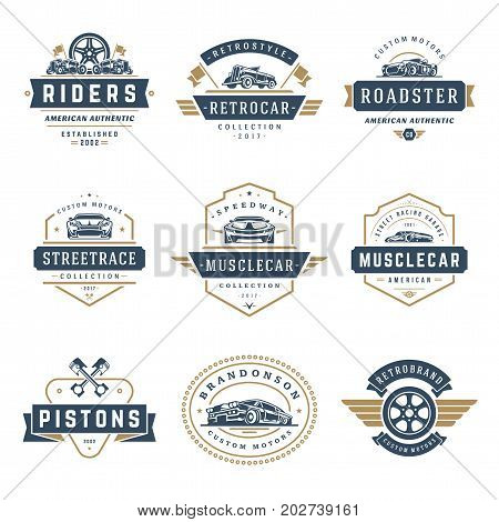 Car logos templates vector design elements set, vintage style emblems and badges retro illustration. Classic cars repairs, tire service silhouettes.