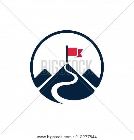 Red flag on mountain top simple vector logo. Path to achieving goals success concept. Isolated icon symbol.