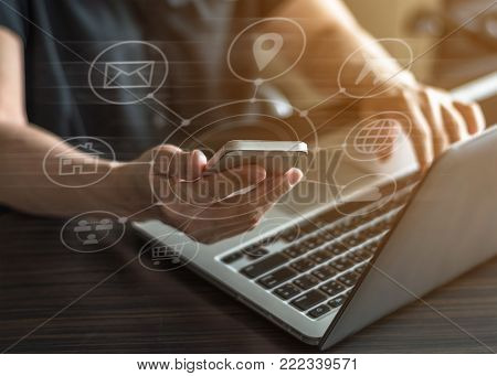 SEO, Internet marketing e-commerce, online banking payment, and VOIP voice over internet protocol technology on mobile smart phone device app via digital computer communication service security