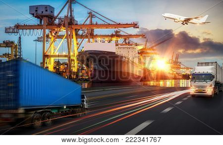 Logistics and transportation of Container Cargo ship and Cargo plane with working crane bridge in shipyard at sunrise, logistic import export and transport industry background, Truck transport container on the road to the port