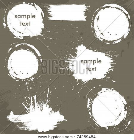 Set Of White Blots And Ink Splashes. Abstract Elements For Design In Grunge Style. Round Frames.