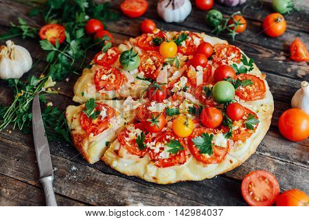 Veggie Pizza. Pizza With Tomatoes, Shallot And Fresh Herbs. Cher