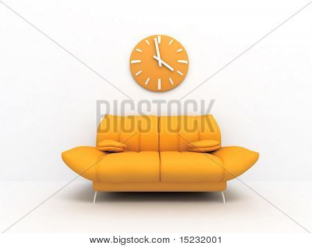 Orange sofa and clock in modern interior of a light living room