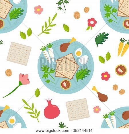 Pesah Celebration Concept , Jewish Passover Holiday Seamless Pattern. Traditional Passover Icons And