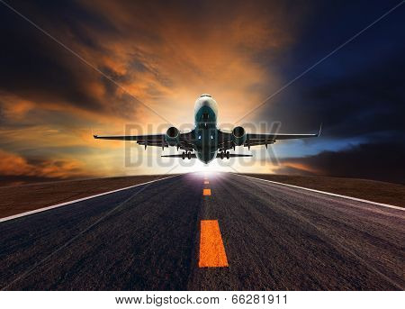 Passenger Jet Plane Flying Over Airport Runway Against Beautiful Dusky Sky Use For Aircraft Transpor