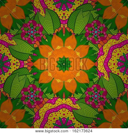 Seamless Floral Mandala Pattern In Pink Turquoise Green And Pale Orange On Floral Yellow Background.