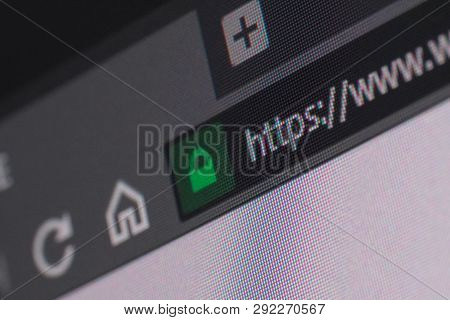 Web Browser Closeup On Lcd Screen With Depth Of Field And Focus On Https Word. Internet Security, Ss