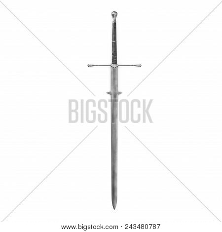 Medieval Double Edged Two Handed Sword On White. 3d Illustration