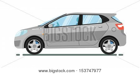 City car isolated on white background. Vector hatchback car. Vehicles cartoon car isolated. Hatchback car side view isolated. Urban car or family car cartoon style. Modern car model. Hatchback icon. For car rental service or car sale poster. Car ad.