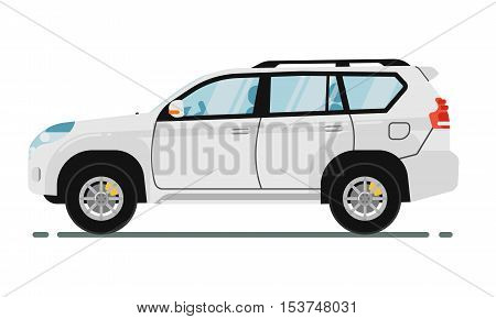 SUV car isolated on white background. Vector SUV car. Sport utility Vehicles cartoon car isolated. SUV car side view isolated. Offroad car or 4x4 car cartoon style. Modern car model. Off road 4x4 car. For car rental service or car sale poster. Car ad.