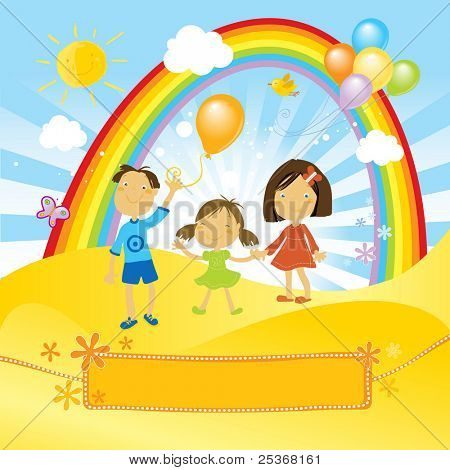 kids having a fun party with balloons in a sunny day. And a nice banner for your text.