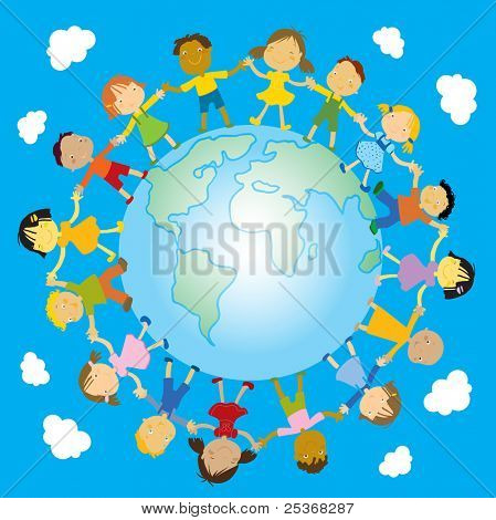 multiracial happy kids holding their hands around the globe vector illustration